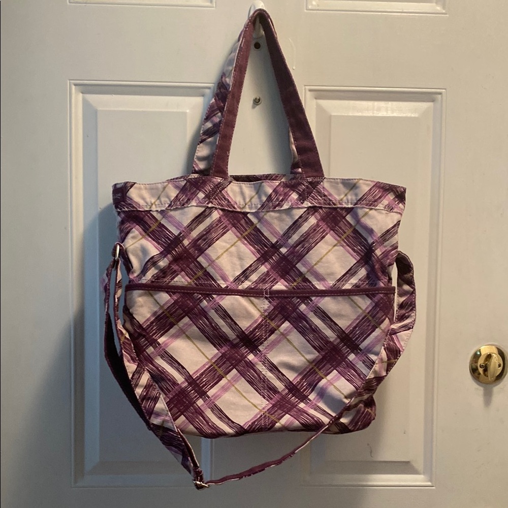 Purple and White Plaid Tote Bag with Quilted Design Thirty One
